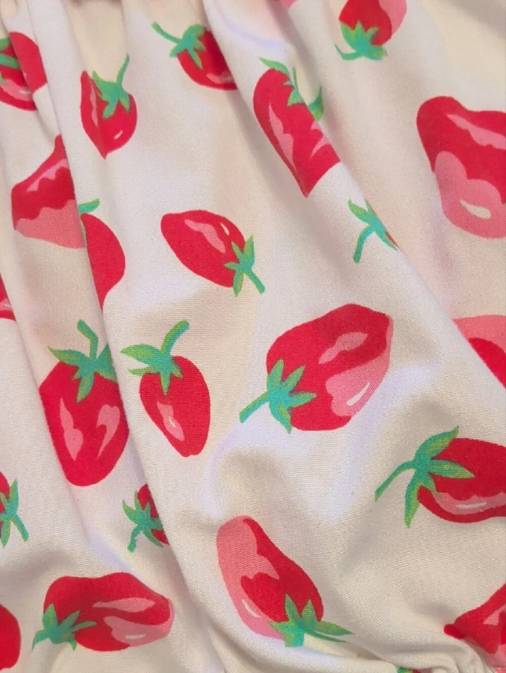 Vintage White Baby Bubble Romper with Red Strawberry Print and Pink Bow